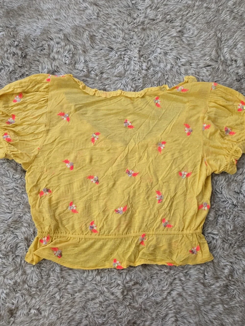 Free People Full Bloom Embroided Yellow Floral Ruffle V-Neck Top Women's Large